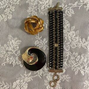 Black and Gold Jewelry Brooches and Rhinestone bracelet.